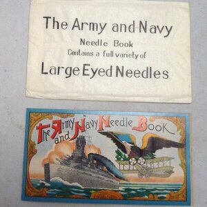 Vintage Army Navy sewing needle book advertising eagle ship biplane